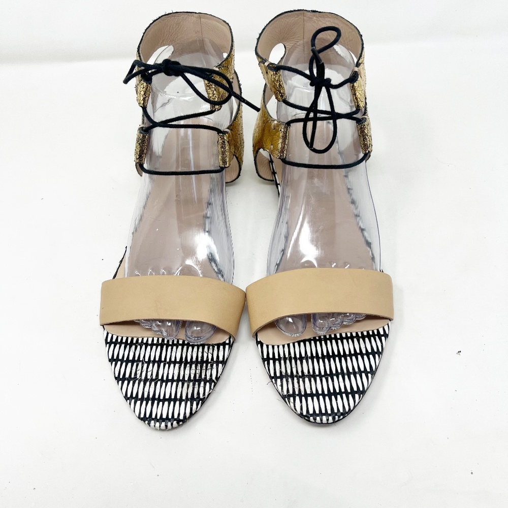 Loeffer Randall Sandal Size 10 Gladiator Gold Tan Beige White Black Ankle Strap